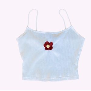 Shein White Ribbed Crop Tank Red Flower Appliqué Embroidered S